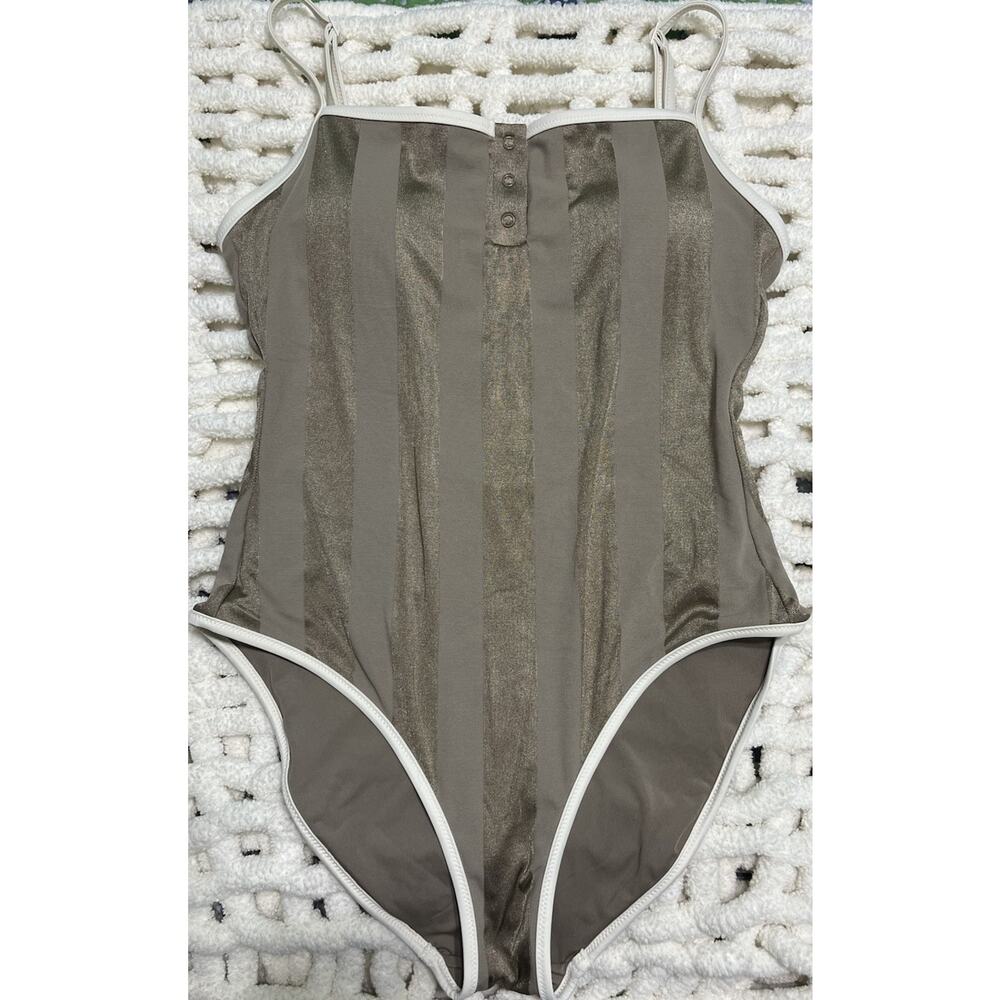 AERIE Wide Rib Henley One Piece Cheeky Real Good UPF 50 Bark Oliv Swimsuit Large